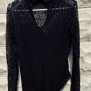 bebe Black Sheer Lace Long-Sleeve Top